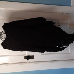 Black Soft Knit Poncho Fringe V Neck Chevron Weave Pattern